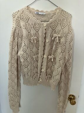 Zara Beige Openwork Knit Cardigan with Bow Details